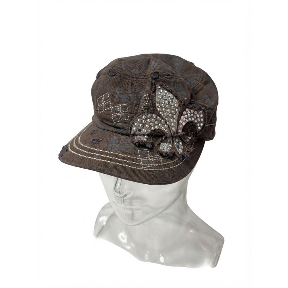 Heve Distressed Cadet Hat Brown Rhinestone Fleur De Lis Military Cap Y2K Grunge